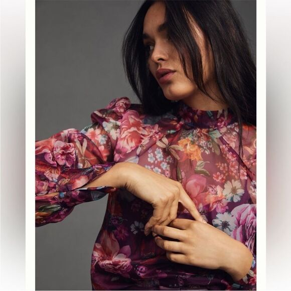 Anthropologie Purlple pink chiffon blouse with flower print size small - Picture 5 of 14